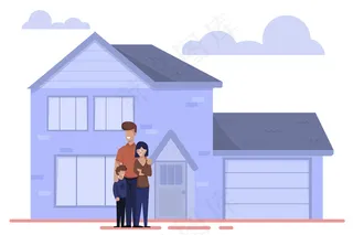 快乐卡通家庭站在新家附近