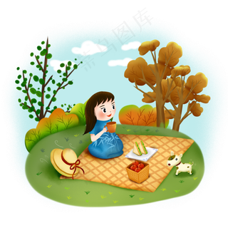 卡通可爱女孩和狗户外秋天野炊草