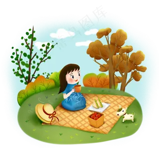 卡通可爱女孩和狗户外秋天野炊草