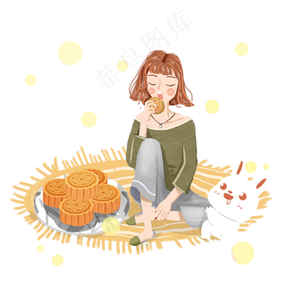 中秋吃月饼兔子女孩png素材