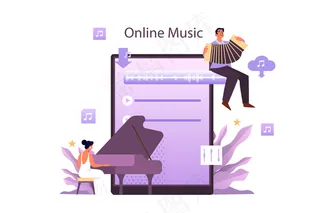 音乐流媒体服务和平台概念。现代摇滚或古典演奏家、音乐家或作曲家。从不同设备在线播放音乐。矢量平面图
