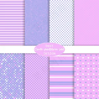 可爱的布景。圆点、条纹、心形图案。粉色，紫色。纸质套装。