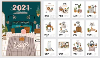 日历墙。2021年全年计划，包括所有月份。良好的学校组织和时间表。可爱的家庭内部背景。