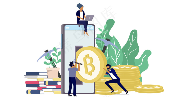 比特币区块链加密货币概念。加密货币金币以树叶为背景，以简约的设计从手机中脱颖而出。eps,ai矢量模版下载