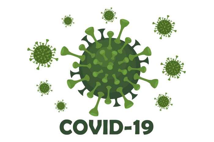 带有病毒 covid-19 和铭文的横幅。显微镜下的流行性冠状病毒。