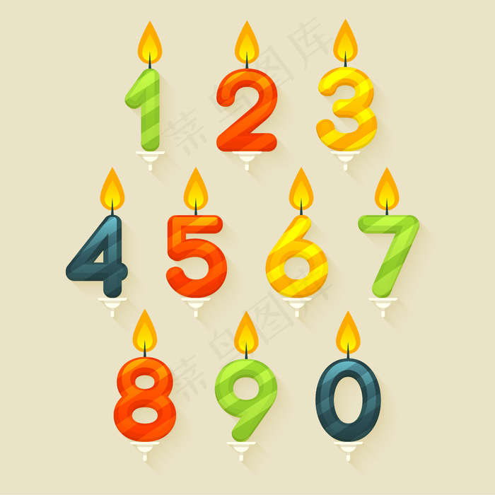 一套彩色光泽生日蛋糕蜡烛。在明亮的火光背景上。eps,ai矢量模版下载