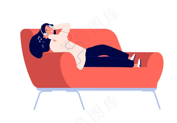 那个女孩在沙发上听音乐