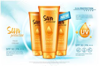 防晒霜管，防晒化妆品。杂志插图，广告模板。