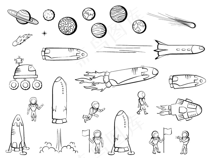 宇宙飞船、火箭、火星车的矢量插图集。涂鸦卡通矢量图标。