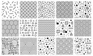 孟菲斯几何图案。无缝抽象迷宫图案，孟菲斯风格图案，几何涂鸦背景插图集。几何孟菲斯无缝时尚图案