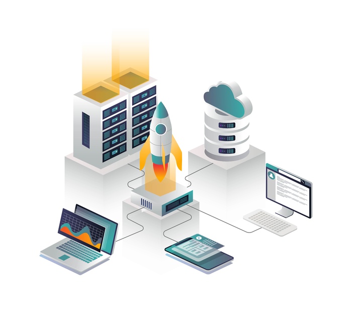 平面等距矢量图、云连接到路由器和火箭发射