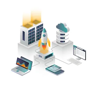 平面等距矢量图、云连接到路由器和火箭发射