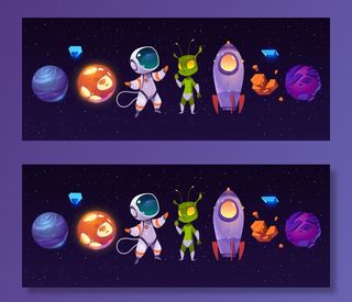 外星人，宇航员，有趣的外星人和火箭