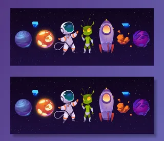 外星人，宇航员，有趣的外星人和火箭