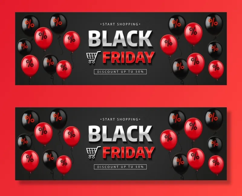 黑色星期五销售横幅banner，标签。带有闪亮气球的逼真字体。eps,ai矢量模版下载