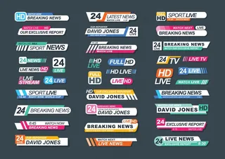 为新闻、报道、直播频道、流媒体收集电视新闻栏。一捆被隔离在黑暗背景下的电视徽章。时尚多彩的广告和公告插图。