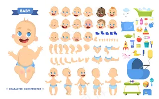 可爱的年轻男婴角色集与各种观点，发型，情感，姿势和手势的动画。