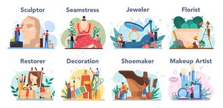 艺术职业套装。花匠和雕塑家，修复师和化妆师。