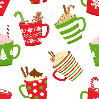 圣诞节无缝图案搭配热可可，卡通马克杯搭配节日饮料。