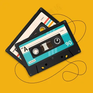 插图:橙色背景上隔离的破损老式音频磁带。 插图:橙色背景上隔离的破损老式音频磁带。