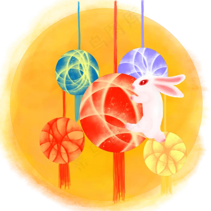 中国风水彩中秋节抱灯笼的兔子手(2000X2000(DPI:300))psd模版下载