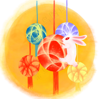 中国风水彩中秋节抱灯笼的兔子手