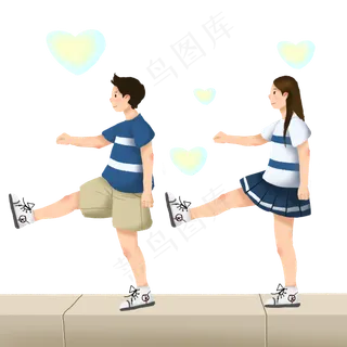 卡通手绘七夕情人节情侣同手同脚