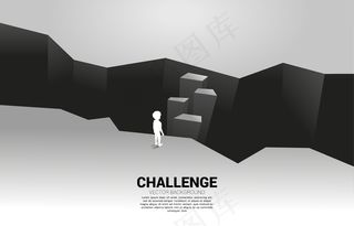 孩子站在台阶上跨过深渊的剪影。教育解决方案和儿童未来的说明。