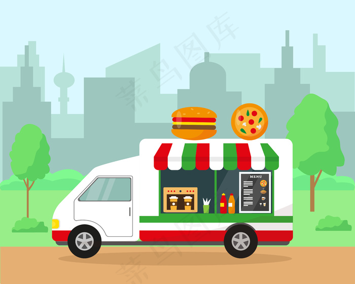 城市公园里的食品车。快餐概念。春夏城市景观插图。eps,ai矢量模版下载