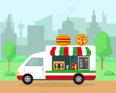 城市公园里的食品车。快餐概念。春夏城市景观插图。 城市公园里的食品车。快餐概念。春夏城市景观插图。