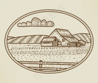 抽象农村农场标志、徽章或标志模板。乡村风景素描与复古印刷框架。田野、吟游诗人和其他乡村建筑的复古徽章。孤立的。