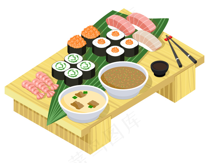 等轴视图中的日本食物。木架上的寿司和面包卷。