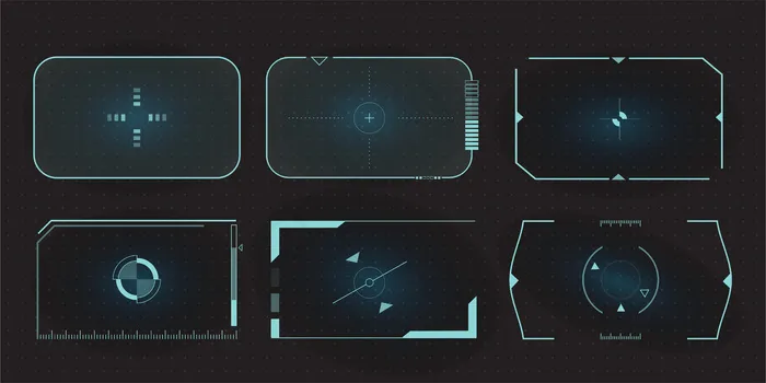 未来的hud框架目标屏幕和边界瞄准控制面板。科幻电影的屏幕元素集。eps,ai矢量模版下载