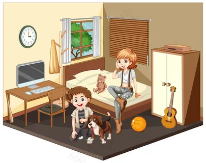 白色背景上的卧室场景中的少年 白色背景上的卧室场景中的少年