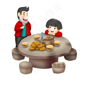 和爸爸一起吃月饼的女孩 