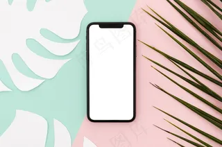 带叶子的平铺智能手机模型样机