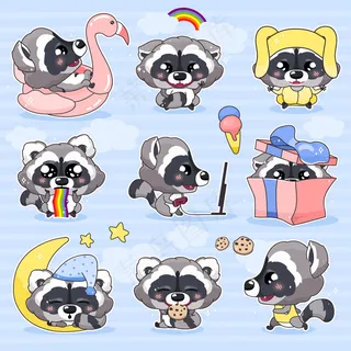 可爱的浣熊卡瓦伊卡通人物集。可爱有趣的微笑动物隔离贴纸，补丁包。动画小浣熊睡觉，吃饼干，在蓝色背景上运行表情