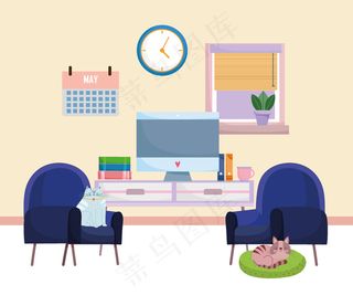 家庭办公室室内电脑家具书籍日历时钟椅子和猫靠在垫子上插图