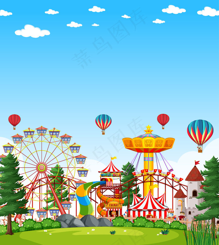 白天的游乐园景色，天空一片空白，蔚蓝明亮