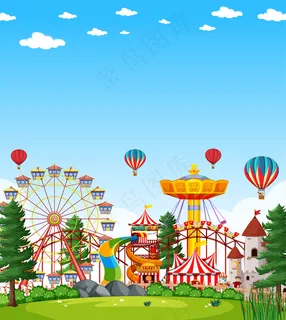白天的游乐园景色，天空一片空白，蔚蓝明亮