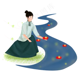 中元节放河灯祈福的女子