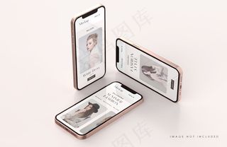 红色和金色手机屏幕实物模型样机与手机app移动应用程序app演示模板