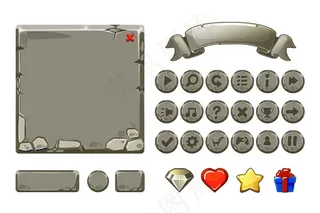 大套卡通灰石资源和ui游戏按钮，gui图标