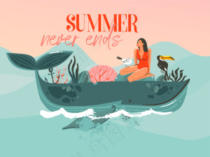 手绘抽象卡通夏季图形插图模板卡与女孩，蓝波鲸鱼和现代排版夏季永远不会结束在粉红色的日落背景