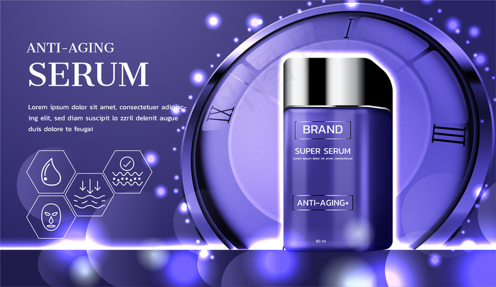 温馨的广告。生物钟背景抗衰老血清