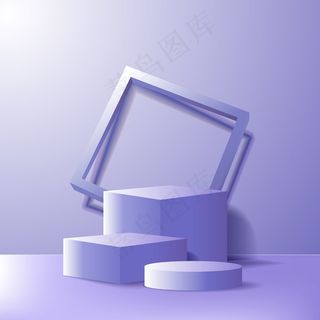 现代极简主义空讲台舞台产品展示展示模板。带3d框的几何体和蓝色圆柱体