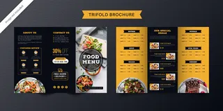 食品三折页小册子模板。橙色和深蓝色餐厅的快餐菜单手册。