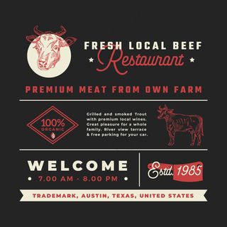 新鲜的本地牛肉餐厅标志，标题，铭文和菜单装饰元素集。