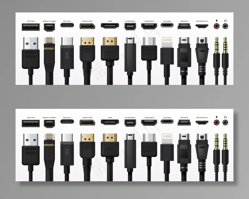 插座usb插件。typec端口usb连接器更换a型微型和微型usb 3.5毫米插孔充电连接器eps,ai矢量模版下载