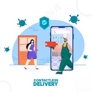 送货男童和女顾客戴着医用面罩，智能手机内装有安全防护罩，实现非接触式送货理念。